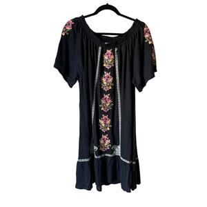 Sundance Embroidered Linen Black Dress with Pink Accents size M